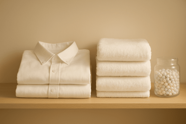 Neatly stacked white shirts and towels on a wooden shelf, with a clear bead container nearby.