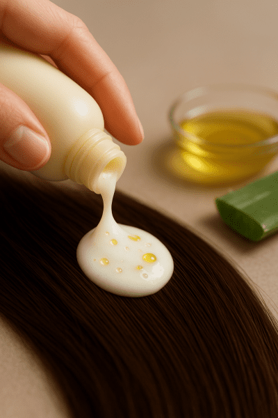 Hand dispensing creamy leave-in conditioner onto shiny brunette hair, botanical oils and aloe vera in background