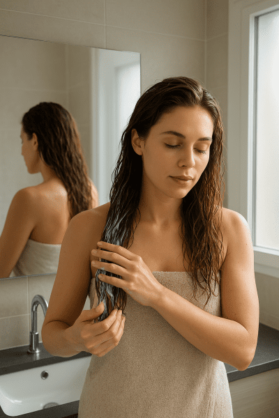 Woman gently applying leave-in conditioner to damp wavy hair at a fog-free bathroom mirror