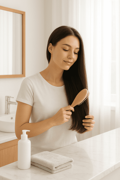 Woman brushing glossy long hair in sunlit bathroom, conditioner bottle and towel on marble counter
