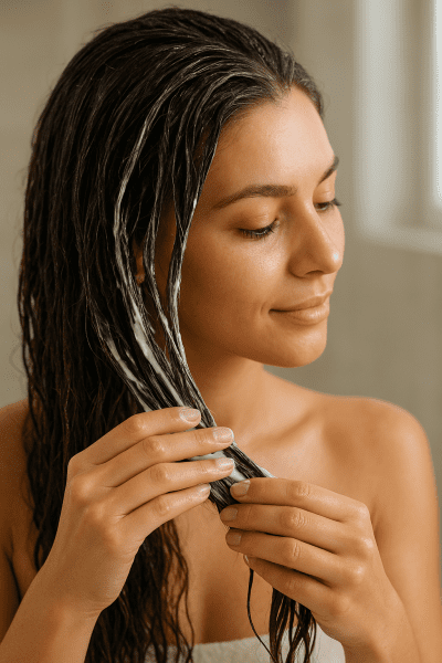Close-up of hands smoothing creamy leave-in conditioner through dry, textured hair.