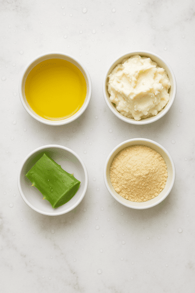 Flat lay of argan oil, shea butter, aloe vera gel, and hydrolyzed protein on white marble.