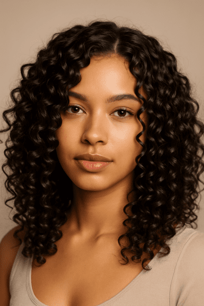 Portrait of a person with shiny, well-defined, hydrated curls against a neutral backdrop.