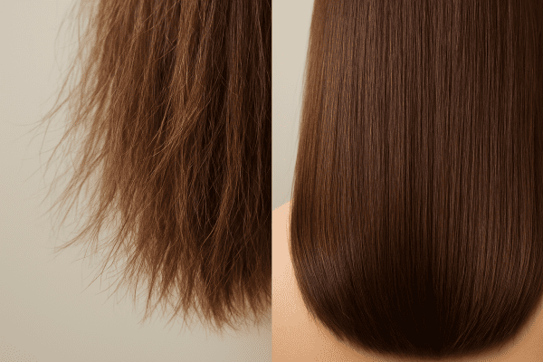 Macro comparison of split, dry hair tips next to smooth, healthy, conditioned ends.