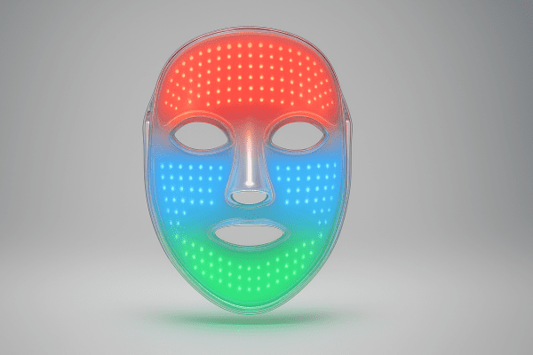 LED face mask upright, glowing with separated red, blue, and green light zones, no people, on a seamless pale gradient.