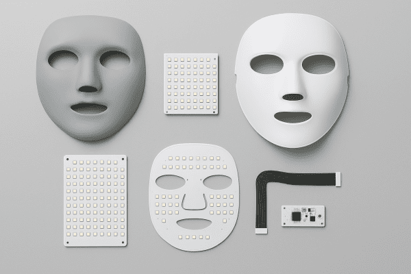 Disassembled LED face mask parts arranged neatly on a light gray surface, showing all materials.