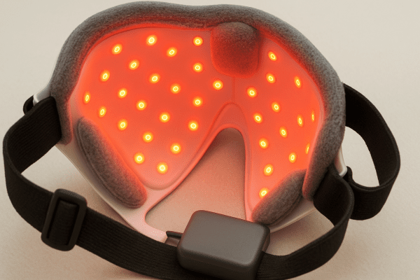 LED mask interior close-up showing glowing infrared LEDs, battery, and ergonomic details.
