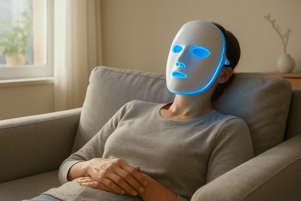 Person reclining at home, wearing LED mask with gentle glow, in a minimalist living space.