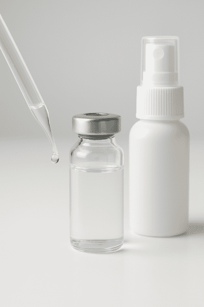 Macro photo of a vial, spray bottle, and pipette with clear lidocaine solution on a white lab surface, focusing on scientific purity.
