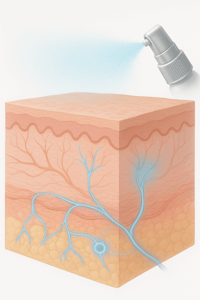 Medical illustration of lidocaine spray mist on skin, with nerves highlighted to show blocked pain signal transmission.