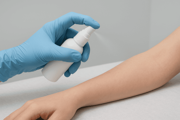 Gloved hand spraying lidocaine onto a forearm in a sterile clinical setting, demonstrating safe application technique.