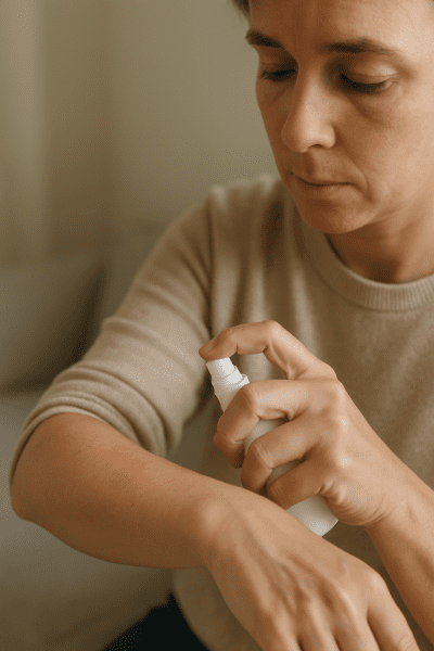 Adult examining a mildly red, irritated forearm area in a softly lit, neutral home setting, indicating awareness of side effects.