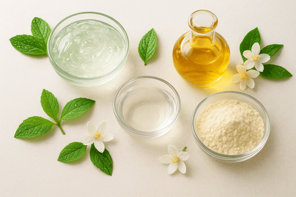 Flat lay of fresh aloe vera, coconut water, argan oil, and protein powder in glass dishes, with mint sprigs and jasmine flowers, for curly hair care.