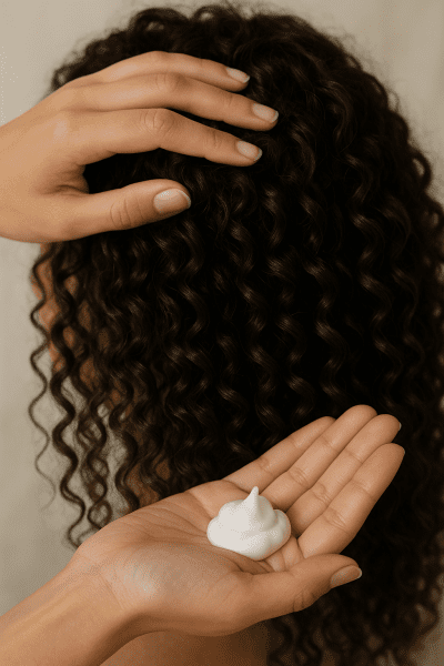 Close-up of hands applying lightweight foam mousse to shiny, bouncy curly hair with a healthy, defined look.
