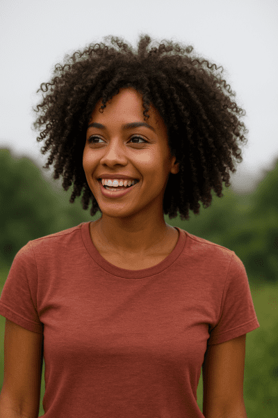 Outdoor portrait of a person with fine, bouncy, frizz-free curly hair on a humid day, with blurred green foliage in the background.