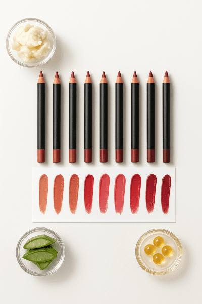 Flat lay of assorted lip liner pencils, swatches, and natural ingredient cues like shea and aloe.