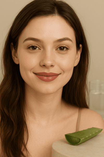 Model with hydrated matte lips, gentle smile, water glass and aloe in softly blurred background.