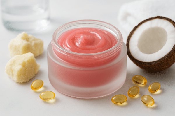 Macro image of an open pink lip mask in a frosted glass jar, surrounded by shea butter, coconut, and vitamin E capsules on a clean, clinical surface.