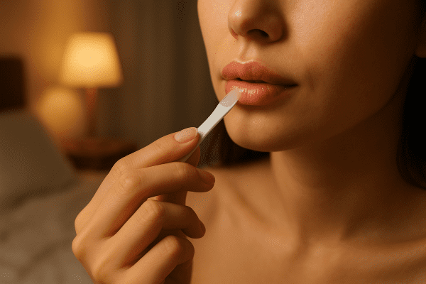 Close-up of a woman applying a lip mask with a spatula in a softly-lit bedroom, lips looking plump and hydrated.