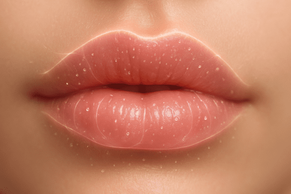 Extreme close-up of glossy lips with subtle glowing droplets and lines showing moisture sealing and skin repair.