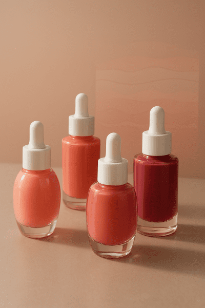 Macro view of assorted liquid blush bottles in a gradient of shades and finishes, with a faint skin diagram in the background.