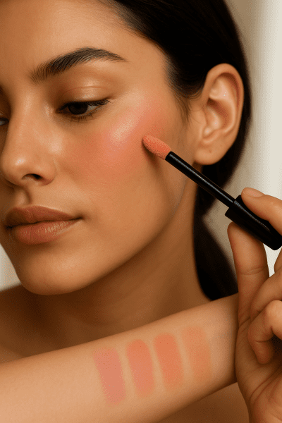 Model with olive skin tone applying blush, cheek glowing, undertone swatches on forearm, soft blurred background.