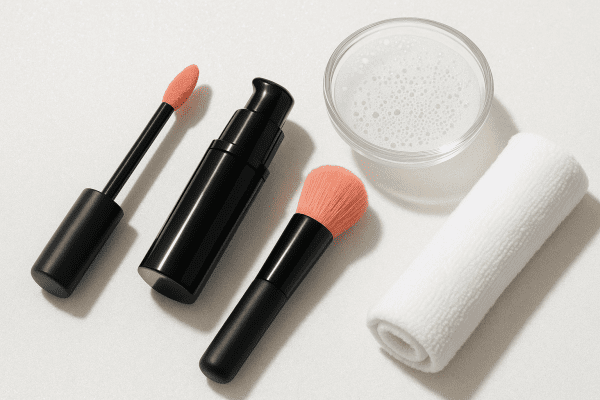 Variety of liquid blush applicators and cleaning tools, sharp focus on design and cleanliness.