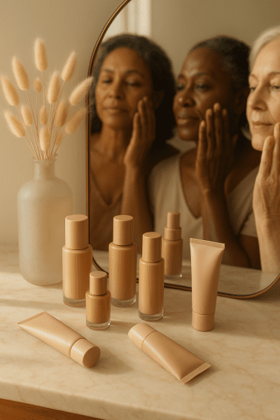 Luxurious liquid foundations for mature skin arranged on a marble vanity, hands of mature models reflected softly.