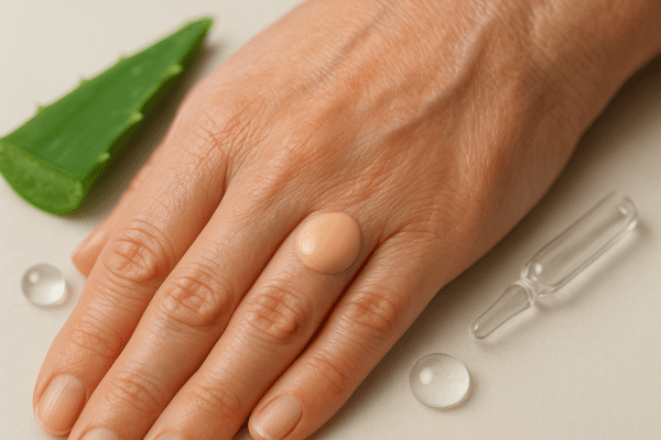 Macro image of hydrating foundation blending into mature skin, surrounded by moisturizing ingredient visuals.