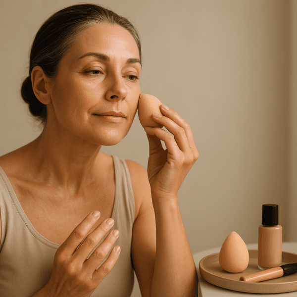 Mature woman applies foundation with a damp sponge, tools arranged on tray in softly lit vanity.