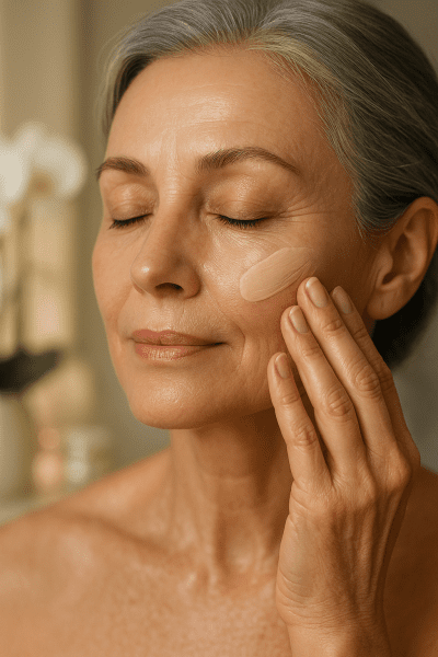 A mature woman with glowing, hydrated skin applies creamy foundation, highlighting natural skin texture and gentle wrinkles.