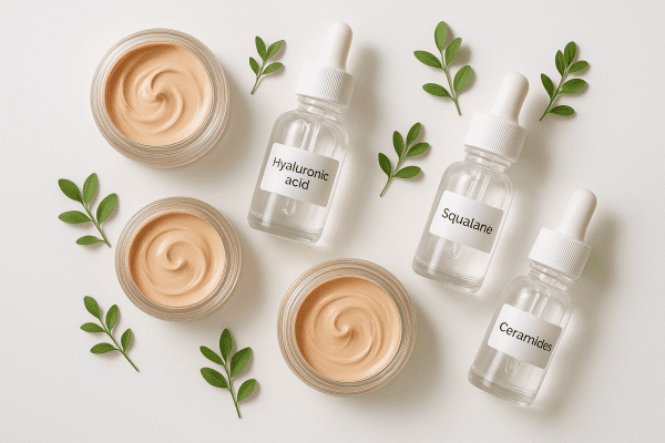 Modern flat lay of cream foundation, skincare actives, and green leaves for mature skin hydration.