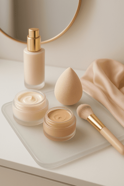 Luxury makeup tools, hydrating primer, and concealer arranged on a glass tray for mature skin.