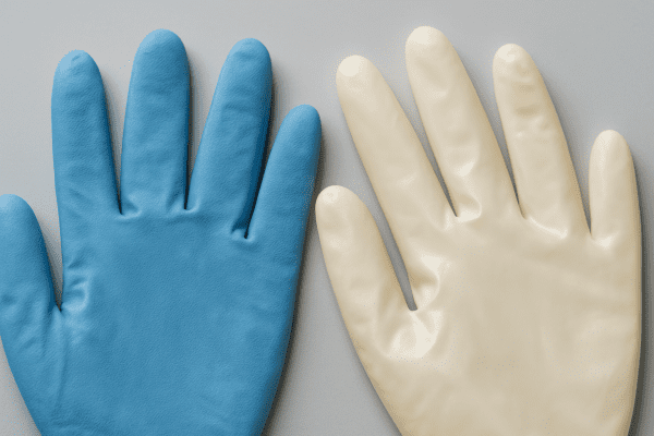 Studio close-up of nitrile and latex gloves, side by side, showing contrasting surface textures and finishes.