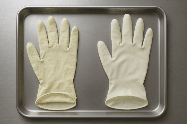 Exam and surgical gloves on a steel tray, with cuffs extended and interiors revealed for feature comparison.