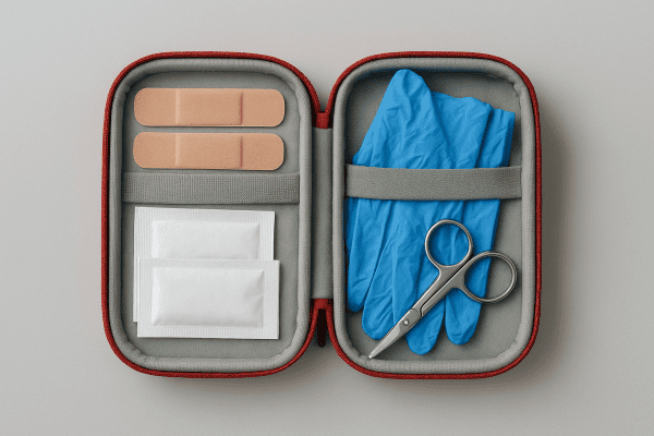 An open modern mini first aid kit with bandages, ointments, gloves, and scissors arranged in individual slots on a matte background.
