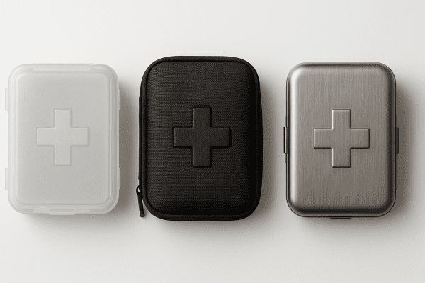 Three closed mini first aid kit cases\u2014plastic, nylon, and metal\u2014on a white tabletop showing sturdy construction.
