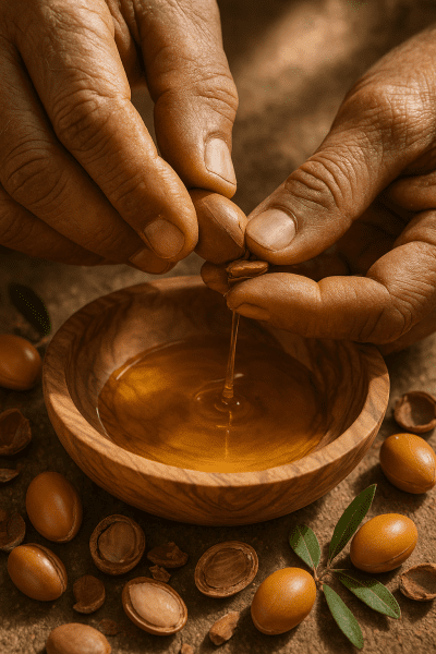 Macro shot of Moroccan hands extracting argan oil into a wooden bowl with fresh fruits and leaves.