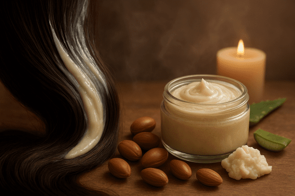 Creamy argan oil hair mask applied to shiny hair, with jar and natural ingredients in calm spa light.