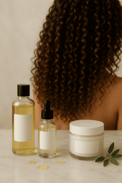 Minimalist argan oil hair products with a background of smooth, defined curls and fresh botanicals.