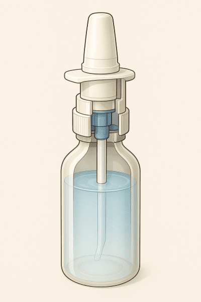 Cutaway illustration of a saline nasal spray bottle showing solution levels, safety cap, and internal structure in a sterile off-white background.