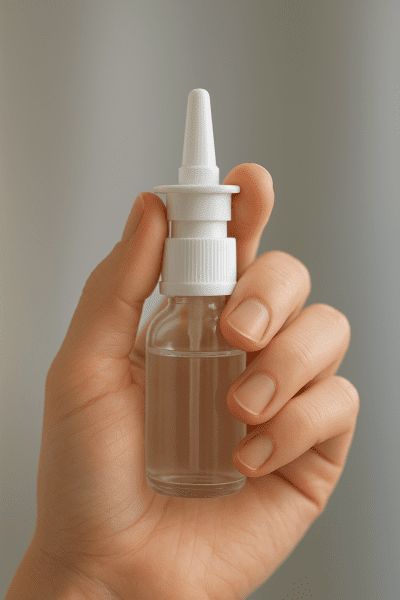 Close-up of a hand holding a decongestant nasal spray bottle, with clear liquid visible and proper grip shown against a soft modern gradient background.