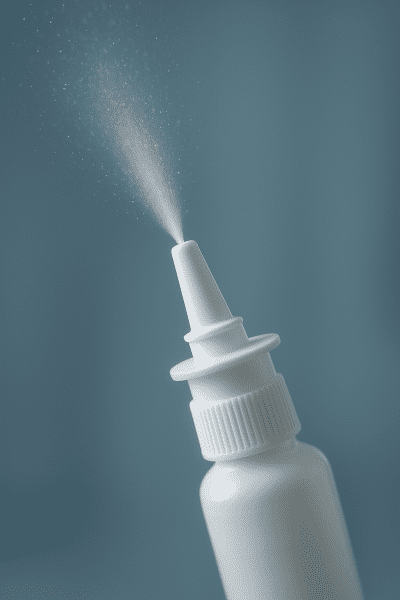 Side close-up of an allergy nasal spray bottle releasing a fine mist, with airborne particles and a softly blurred blue clinical background.