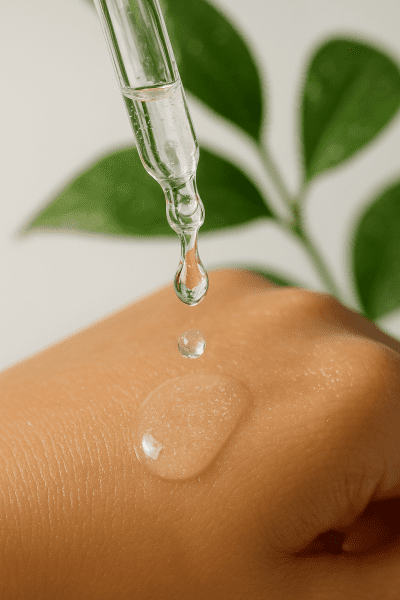 Macro image of a dropper applying clear niacinamide serum to healthy, glowing oily skin with a fresh, green and white background.