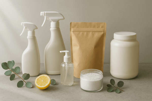 Assorted eco-friendly odor remover products for fabrics and carpets with natural ingredient cues on a stone counter.