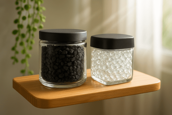 Macro of charcoal and gel air fresheners on a bamboo shelf, sunlit and modern.