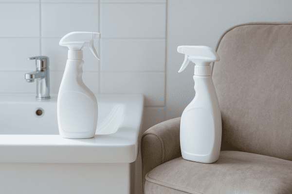 Odor remover sprays on a white sink and velvet chair in a clean, modern setting.