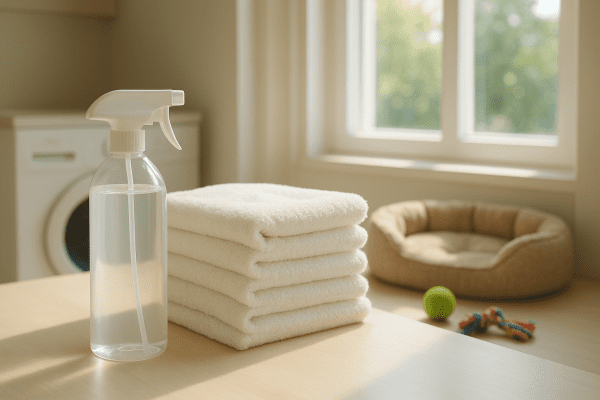 Odor neutralizer bottle, fresh towels, and pet area in a bright, inviting laundry room.