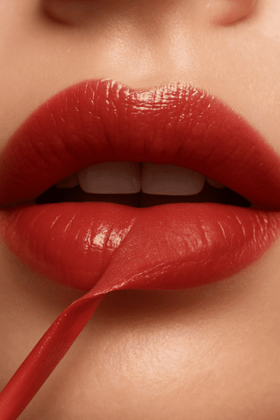 Macro image showing a thin peel off lip liner film being lifted, revealing a perfectly tinted lip beneath.