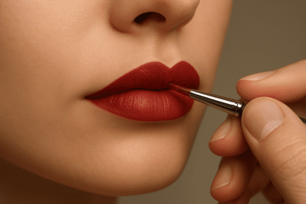 Medium close-up of a hand using a fine brush to draw a crisp peel off lip liner along the cupid's bow.